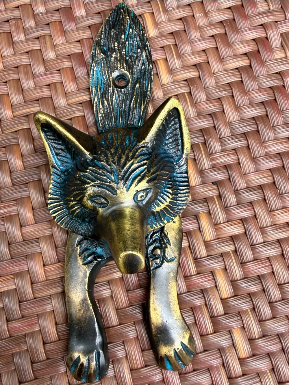 Vintage Brass Fox Jackal Door Knocker Made in India Verdigris Animal 6”